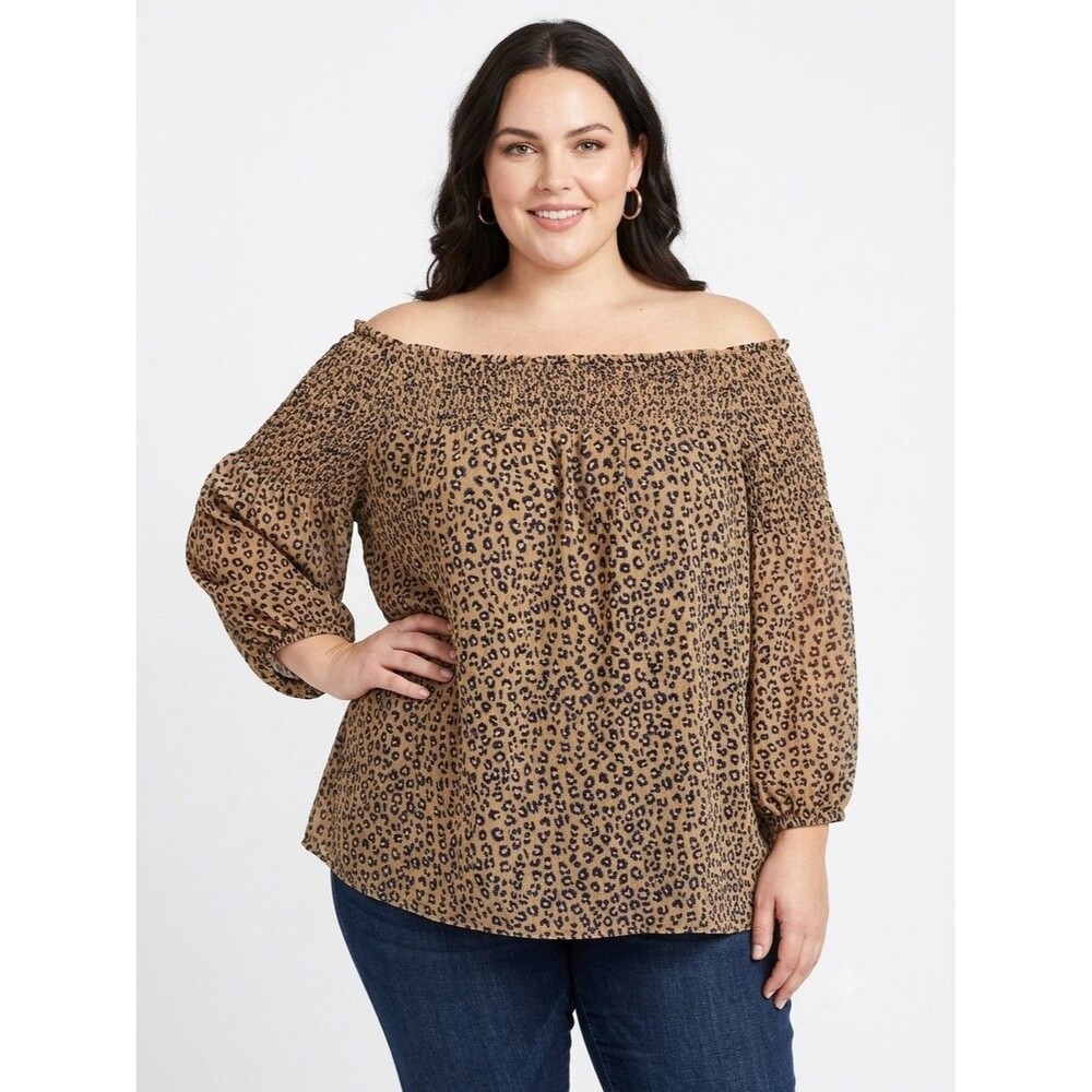 Ce Ce Womens 3X Top Blouse 3/4 Sleeve Brown Cheetah SMOCKED lined OFF SHOULDER